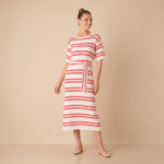 Coral Stripe Tie Waist Midi Dress - Image 3