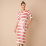 Coral Stripe Tie Waist Midi Dress - Image 5