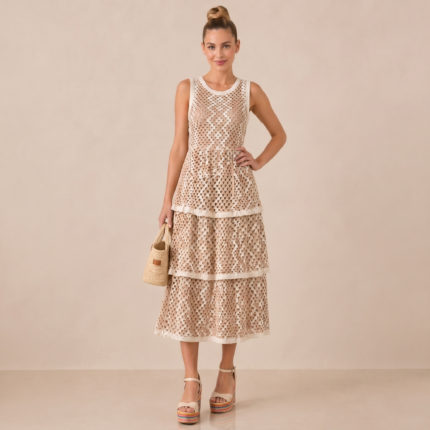 Natural Crochet Tiered Midi Dress