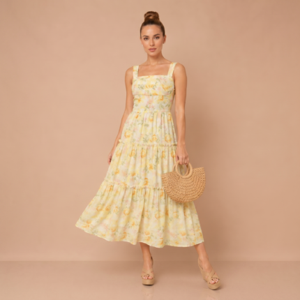 Lemon Blossom Tiered Midi Dress