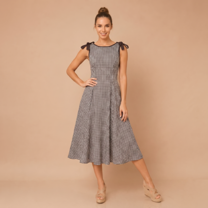 Check Tie-Shoulder Midi Dress